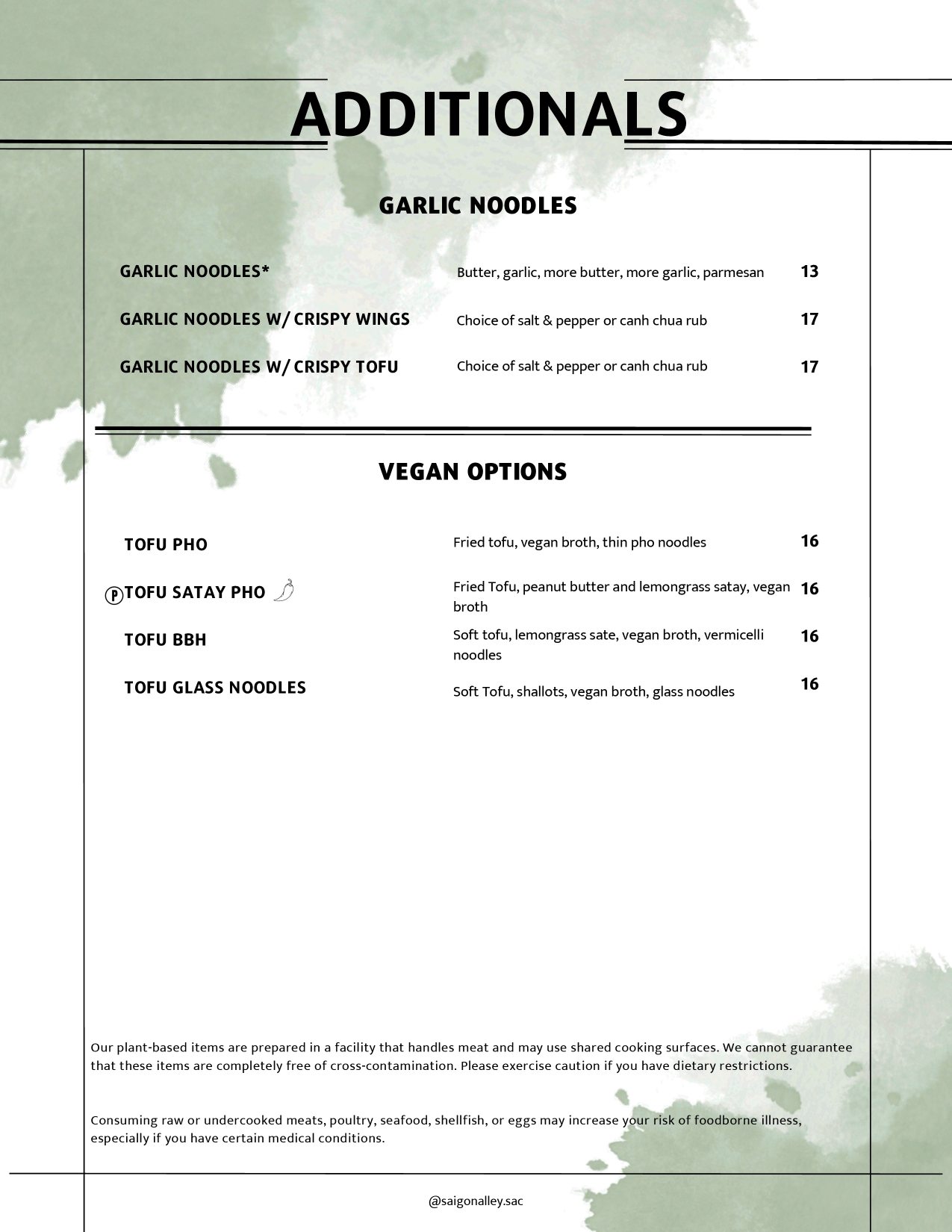 Saigon Alley Natomas additional items menu