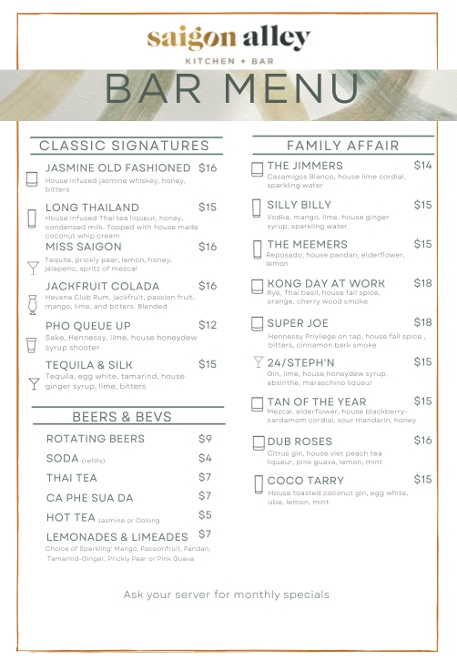 Saigon Alley Midtown drinks and cocktails menu